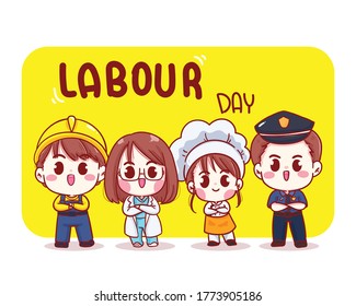 Happy labour day cartoon art illustration Premium Vector