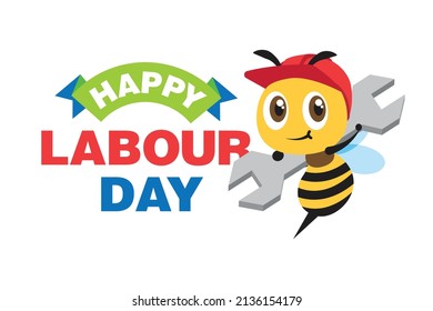 Happy Labour Day celebration with cartoon cute worker bee carry spanner. Vector bee character