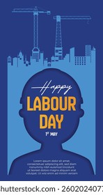 Happy Labour Day Celebration with Cranes, Buildings, and Silhouette