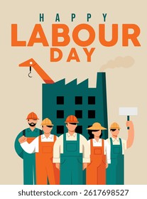 Happy Labour Day Celebration Poster with Workers and Factory Illustration