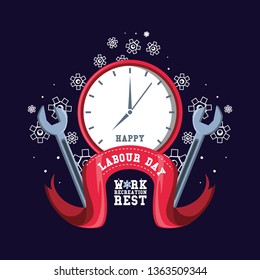 happy labour day with clock and tools