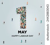 Happy labour day concept poster. Large group of people form to create number 1 as labor day is celebrated on 1st of may. Vector illustration.
