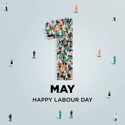 Happy Labour Day Concept Poster. Large Group Of People Form To Create Number 1 As Labor Day Is Celebrated On 1st Of May. Vector Illustration.