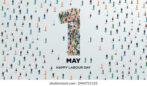 Happy labour day concept poster. Large group of people form to create number 1 as labor day is celebrated on 1st of may. Vector illustration.
