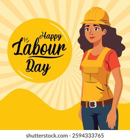 Happy Labour Day with Confident Female Engineer vector illustration banner design with yellow color