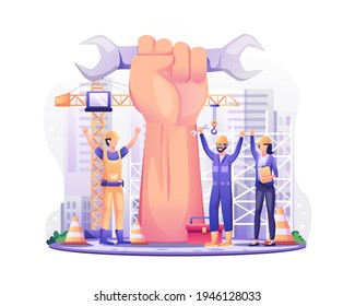 Happy Labour Day. Construction Workers With Raised Up Giant Arm Fist Celebrate Labour Day On 1 May. Vector Illustration