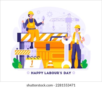 Happy Labour Day. Construction workers are holding the tools. Workers Day. Vector Illustration
