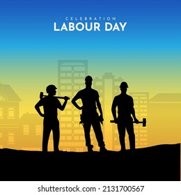 Happy labour day design concept with silhouette of workers. International Labor Day isolated on blue sky.