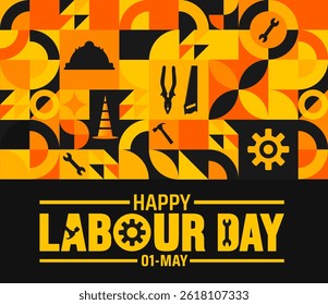 Happy Labour Day Geometric shape pattern background, banner or poster design template. Observed on May 1st. it honors workers' contributions. This bright vector features industrial symbols.