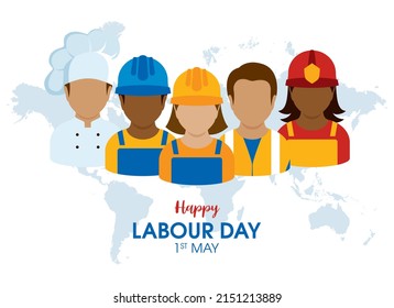 Happy Labour Day greeting card with men and women workers icon vector. Various professions and occupations icon set vector. Multicultural working group avatar. 1 May, Important day