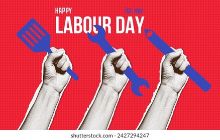 Happy Labour day greeting card template with people hands holding kitchen spatula, pencil, wrench. Modern halftone collage vector illustration design on red rays background.