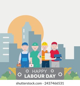 happy labour day with a grup of people of different surgeon engineer postman mechanic concept illustration template vector flat
