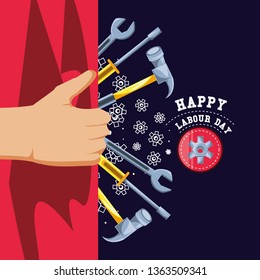 happy labour day and hand with tools