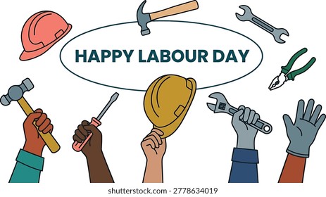 Happy Labour Day Hands Tools And Helmets