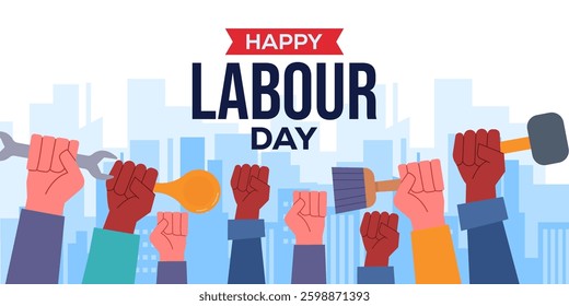 happy labour day horizontal banner illustration in flat style