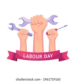 Happy labour day ilustration vector. The fist holding a wrench for the job. 