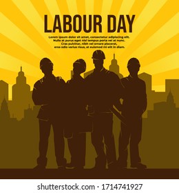 Happy Labour day image. Worker silhouette with building on background illustration for poster, banner, business, backdrop. Modern abstract design. Vector eps 10