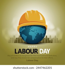 happy Labour day or international workers day vector illustration world map and safety cap. labor day and may day celebration design. svg