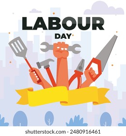 Happy Labour day or international workers day vector illustration with workers. Labour day and may day celebration.