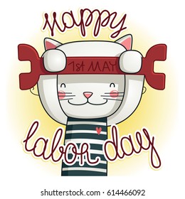 Happy Labour Day! International Workers Day. illustration of Labor Day concept with cat