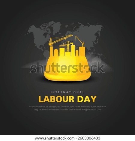happy Labour day or international workers day vector illustration world map and safety cap. labor day and may day celebration design.