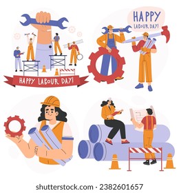 Happy Labour Day with Man and Woman of Industrial Profession Vector Set