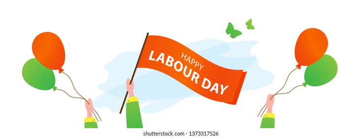 Happy Labour Day. May 1. Hands with flag. Vector illustration.