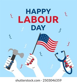 Happy Labour day. Labour Day May background. America US Labor Day September. Cartoon vector illustration. Design For Poster, Banner. Flyer, Greeting Card. Celebrating hard work and dedication.
