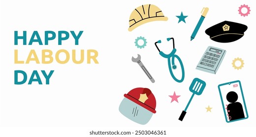 Happy Labour day. Labour Day May background. America US Labor Day September. Cartoon vector illustration. Design For Poster, Banner. Flyer, Greeting Card. Celebrating hard work and dedication.