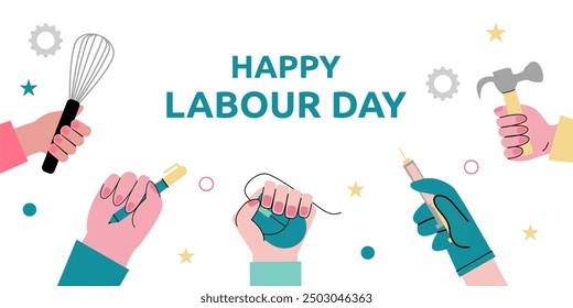 Happy Labour day. Labour Day May background. America US Labor Day September. Cartoon vector illustration. Design For Poster, Banner. Flyer, Greeting Card. Celebrating hard work and dedication.