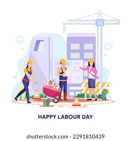 Happy Labour day On 1 May vector illustration. Construction workers are working on building.