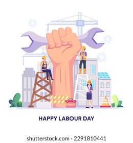 Feliz Día del Trabajo El 1 de mayo ilustración vectorial. Los trabajadores de la construcción están trabajando en la construcción.