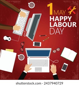  happy labour day on  1st may with office desk background