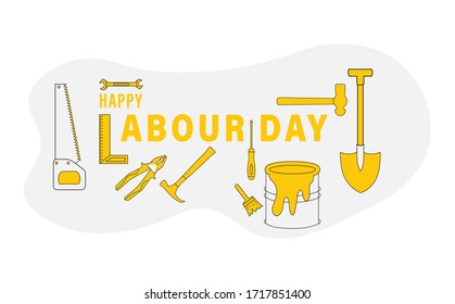 Happy Labour Day poster with different occupational tools such as hand hammer wrench saw and pliers