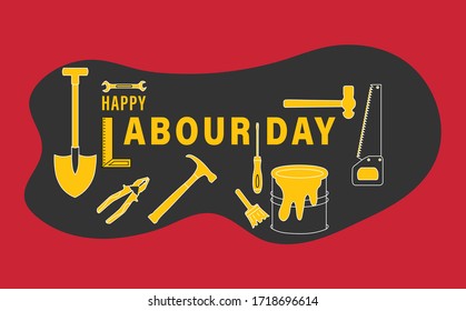 Happy Labour Day poster with different occupational tools such as hand hammer wrench saw and pliers