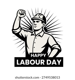 Happy Labour Day poster featuring a strong worker in a hard hat with raised fist. Retro style vector illustration for International Workers' Day celebration isolated on white background.