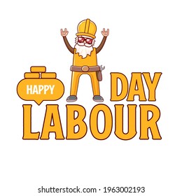 Happy labour day poster with funky rock star worker isolated on white background. vector happy labor day background or banner with man. workers may day poster