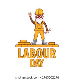 Happy labour day poster with funky rock star worker isolated on white background. vector happy labor day background or banner with man. workers may day poster