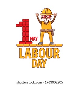 Happy labour day poster with funky rock star worker isolated on white background. vector happy labor day background or banner with man. workers may day poster