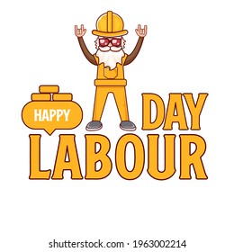 Happy labour day poster with funky rock star worker isolated on white background. vector happy labor day background or banner with man. workers may day poster