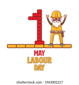 Happy labour day poster with funky rock star worker isolated on white background. vector happy labor day background or banner with man. workers may day poster