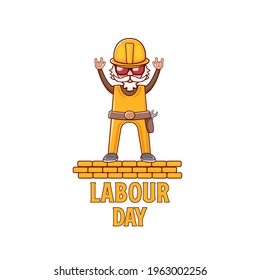 Happy labour day poster with funky rock star worker isolated on white background. vector happy labor day background or banner with man. workers may day poster