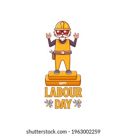 Happy labour day poster with funky rock star worker isolated on white background. vector happy labor day background or banner with man. workers may day poster