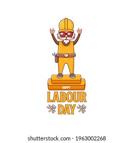 Happy labour day poster with funky rock star worker isolated on white background. vector happy labor day background or banner with man. workers may day poster
