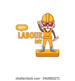 Happy labour day poster with funky rock star worker isolated on white background. vector happy labor day background or banner with man. workers may day poster
