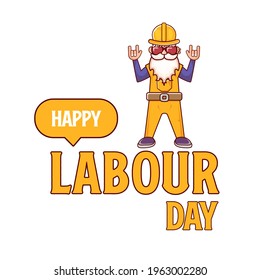 Happy labour day poster with funky rock star worker isolated on white background. vector happy labor day background or banner with man. workers may day poster