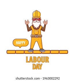 Happy labour day poster with funky rock star worker isolated on white background. vector happy labor day background or banner with man. workers may day poster