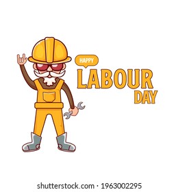 Happy labour day poster with funky rock star worker isolated on white background. vector happy labor day background or banner with man. workers may day poster