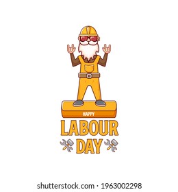 Happy labour day poster with funky rock star worker isolated on white background. vector happy labor day background or banner with man. workers may day poster