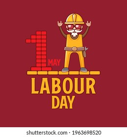 Happy labour day poster with funky rock star worker isolated on red background. vector happy labor day background or banner with man. workers may day poster